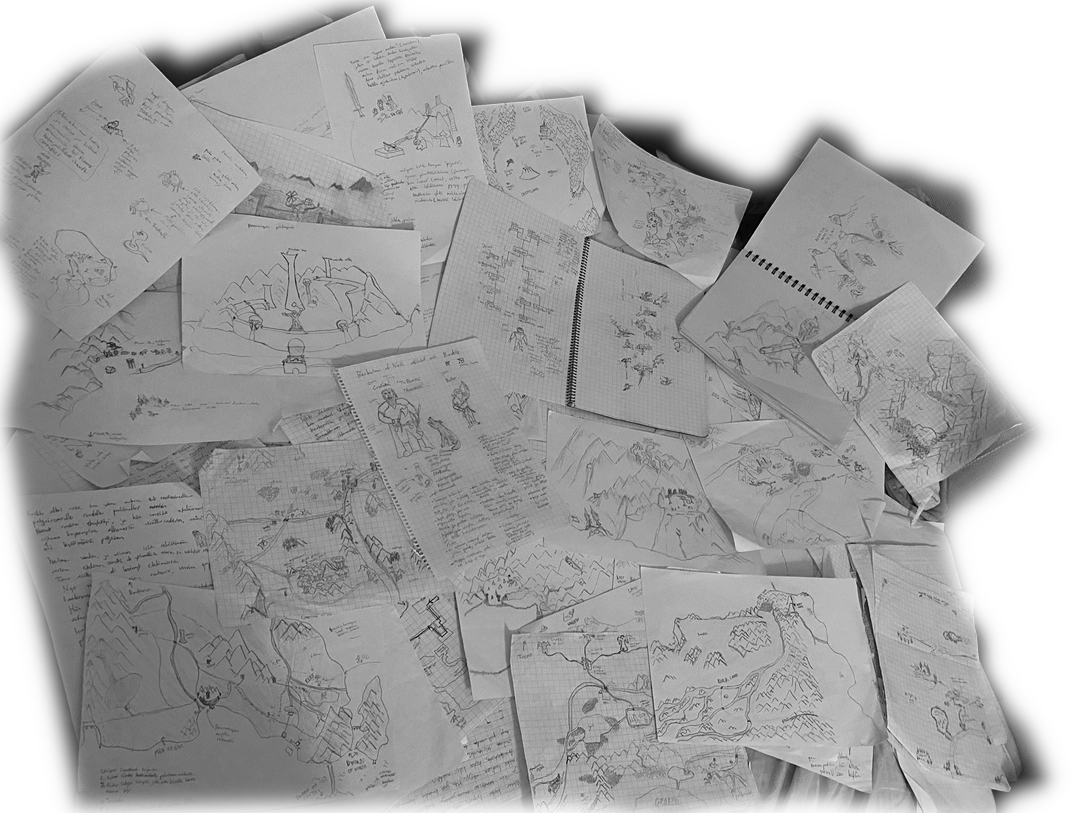A stack of hand-drawn maps and character sketches from the Lost North.